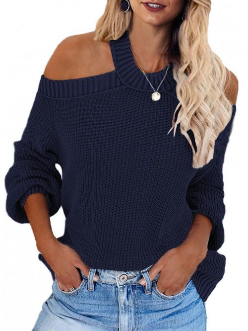 Womens Knit Cold Shoulder Sweaters Long Sleeve Cre...