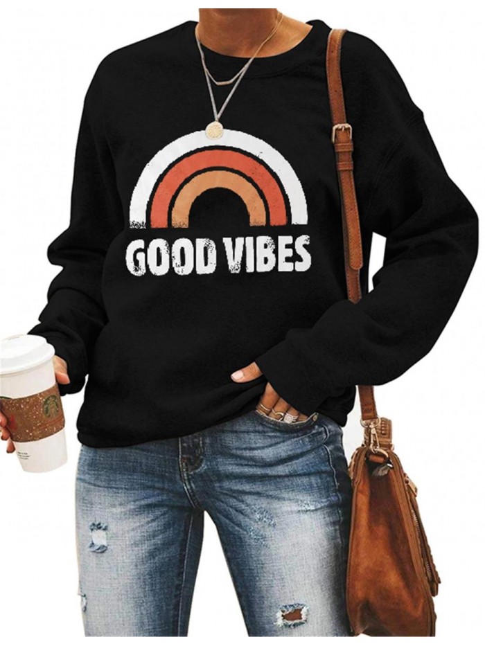 Women Rainbow Graphic Shirt Crewneck Pullover Long Sleeve Shirts Lightweight Tops 