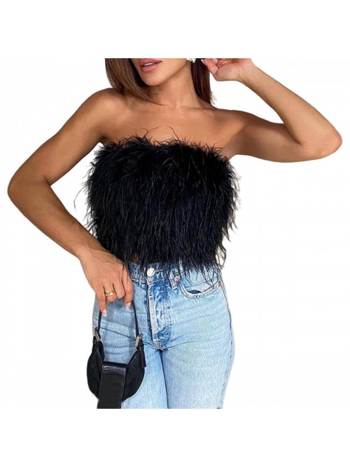 Women Sexy Fur Feather Tube Tops Vest Sling Sleeve...