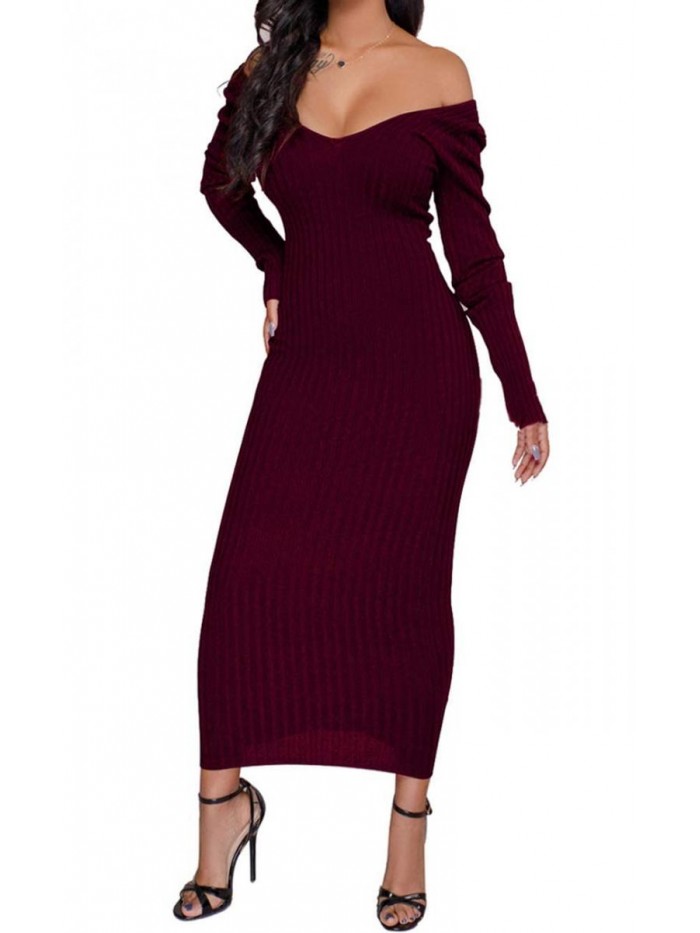 Women's Sexy Off Shoulder Long Sleeve Knit Bodycon Dress 