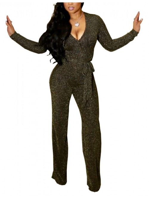 Casual Sexy Sequin Jumpsuits V Neck Long Sleeve On...