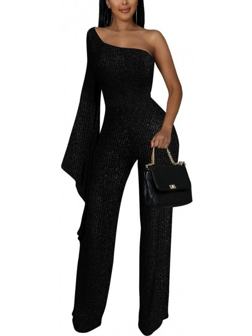 Sparkly Jumpsuits For Women One Slit Shoulder Holl...