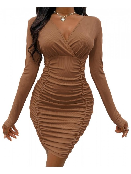 Women Long Sleeve Bodycon Ruched Short Dress Side ...