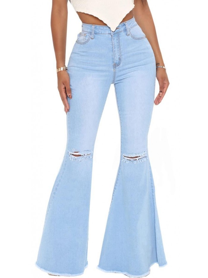Ripped Bell Bottom Jeans for Women Classic Ripped Destroyed Raw Hem Flared Jean Pants Fashion 2022 