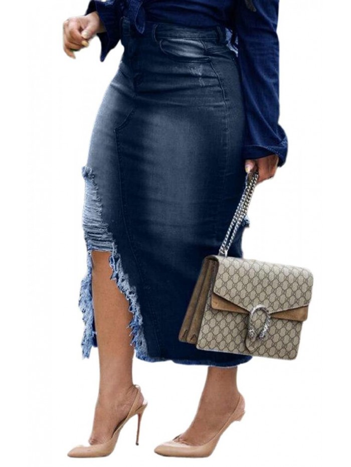 Slit Skirt Denim Skirts for Women Irregular Split High Waist Washed Frayed Jean Long Skirt with Pockets 