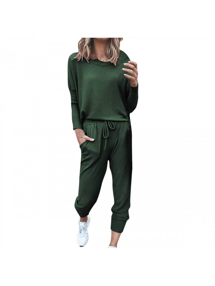 Piece Outfits for Women Long Sleeve Crewneck Solid Pullover Tops and Long Pants Sweatsuits Tracksuits Jogger Lounge Sets 