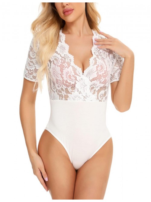 Women Lace Bodysuit Sexy Deep V Snap Crotch Clubwe...