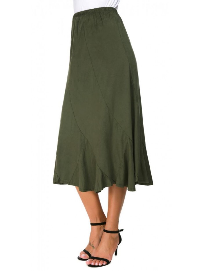 Women's Elegant Ankle Length Ruffle Hem Elastic Waist Midi Skirt 