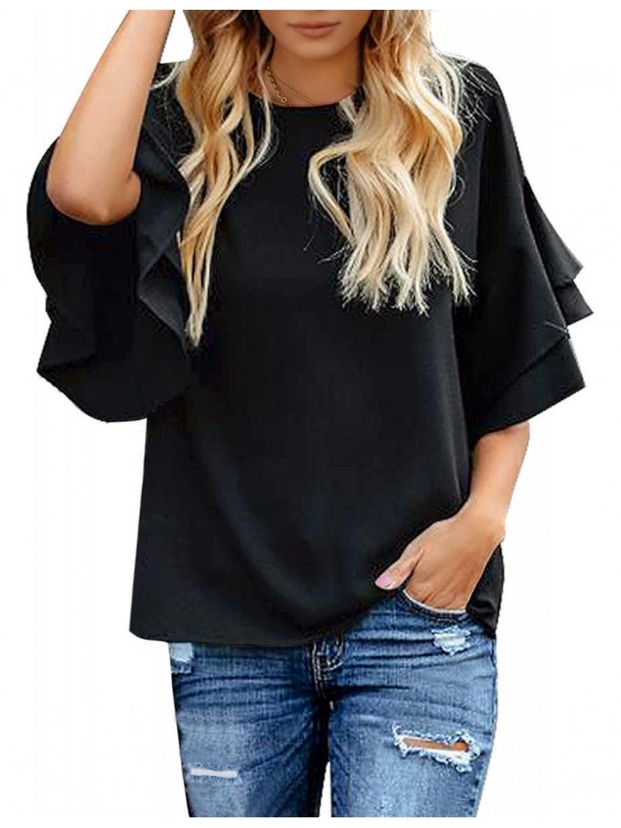 Women's Casual 3/4 Tiered Bell Sleeve Crewneck Loose Tops Blouses Shirt 