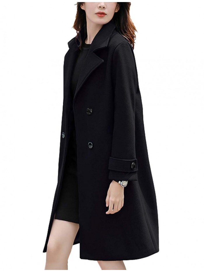 Women's Essential Elegant Wear Double Breasted Mid Long Wool Pea Coat 