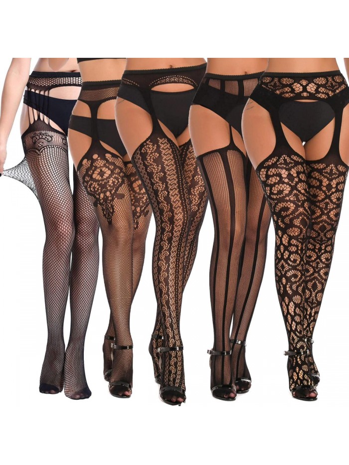 5 Pairs Women Lingerie Garter Belt Stocking Fishnet Thigh High Tights Suspender Pantyhose 