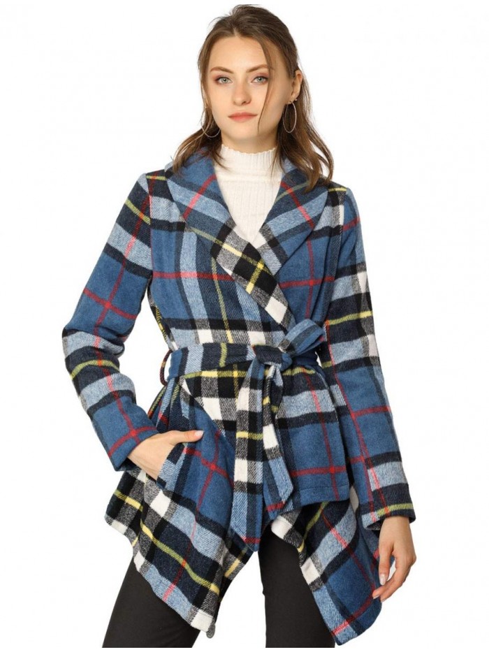 K Women's Turn Down Collar Asymmetric Hem Thin Plaids Wrap Coat 