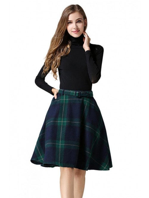 Women's Casual High Waisted Wool Check Print Plaid...