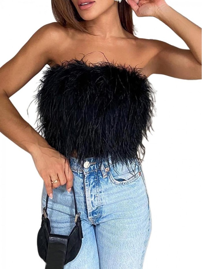 Rave Festival Feather Vest Sexy Faux Fur Strapless Backless Fluffy Tube Top for Concert Club Party 