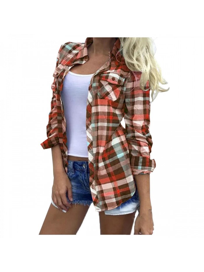 Cute Color Block Long Sleeve Plaid Button Down Blouse Chest Pockets Boyfriend Long Sleeve Oversized Shacket Tops 