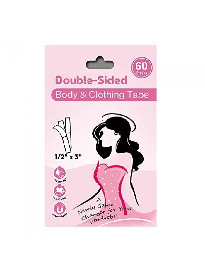 Double Sided Tape for Womens Fashion Clothing and Body- 1 Pack (60 Strips)- Strong and Clear Tape for All Skin Tones and Fabric,Long Lasting for Securing Necklines,Scarves & Straps 