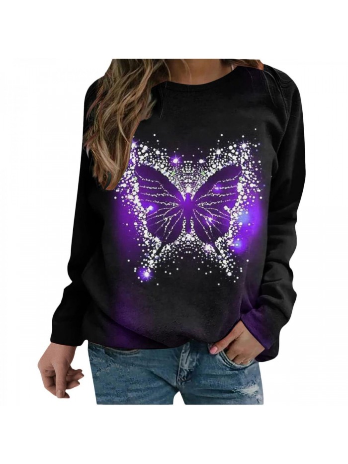 Long Sleeve Casual Tops Aesthetic Butterfly Dream Print Lightweight Crewneck Sweatshirts Loose Fit Pullover 