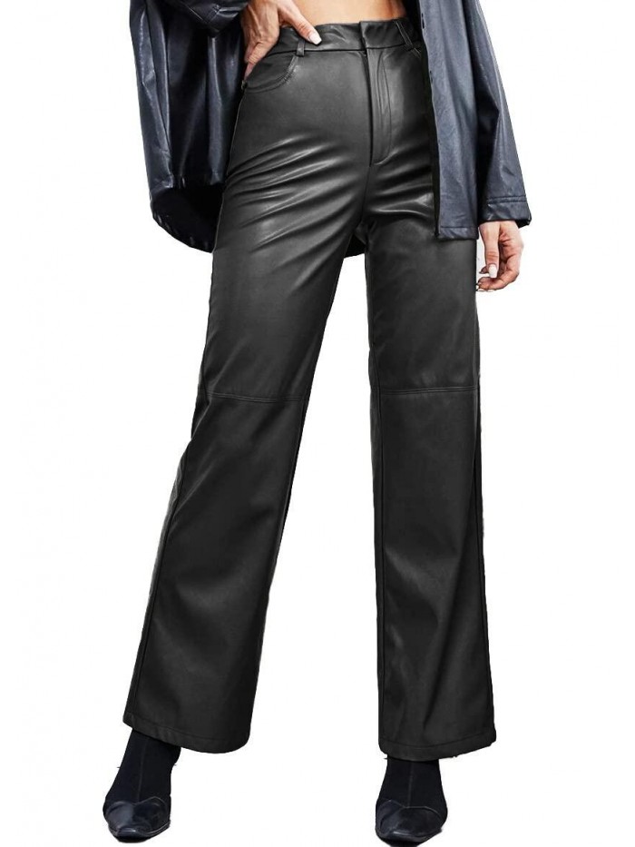 Faux Leather Pants for Women Straight Leg Zipper Fly Palazzo PU Leather Trousers 