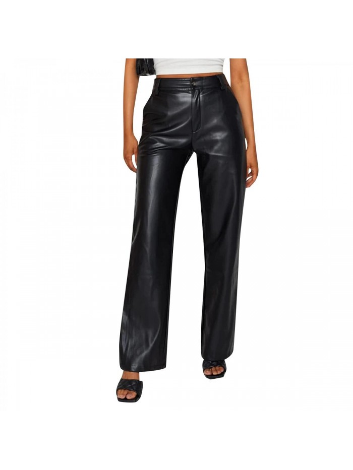 Faux Leather Pants Vintage Y2k Leisure Straight Wide Leg Slim Trousers Streetwear 