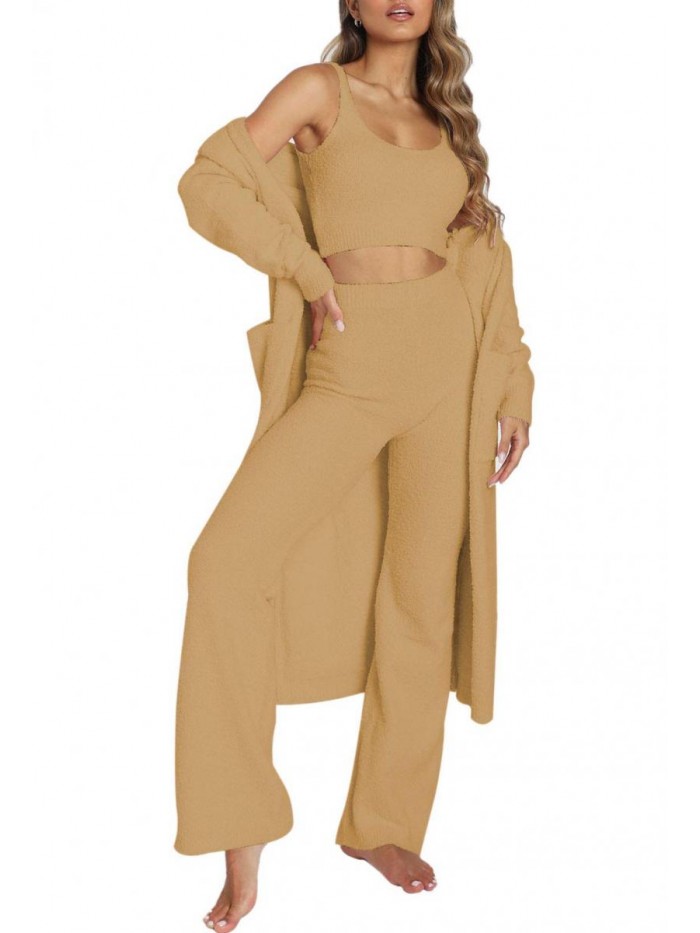 Women's Fuzzy 3 Piece Sweatsuit Open Front Cardigan Crop Tank Tops Wide Legs Pants Lounge Sets 