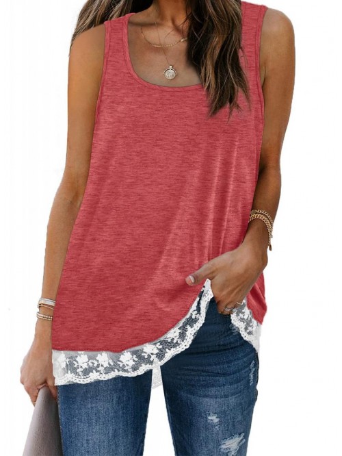 Womens Tank Tops Scoop Neck Lace Trim Casual Summe...