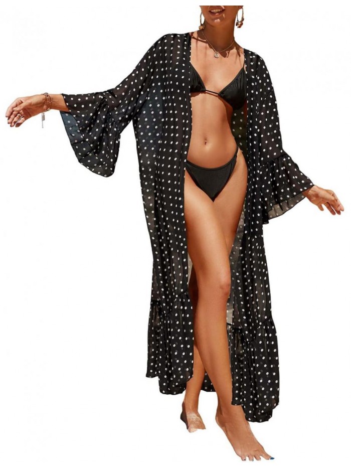 Women Chiffon Dot Print Beach Kimono Cardigan Long Bathing Suit Cover Up 