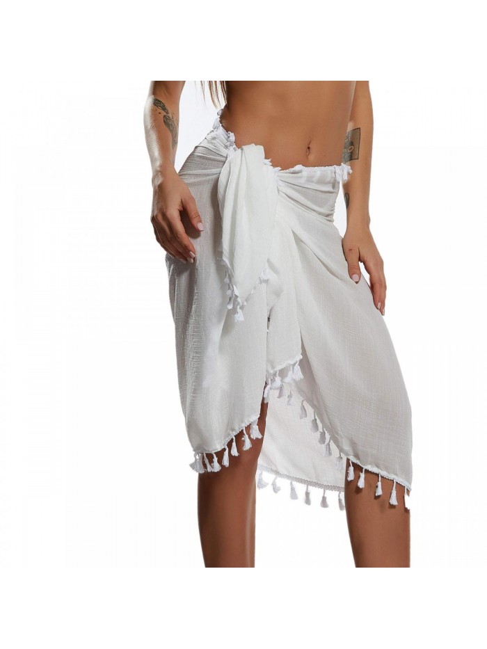 Beach Sarong Pareo Womens Semi-Sheer Swimwear Cover Ups Short Skirt with Tassels 