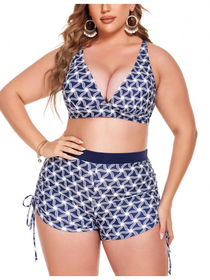 Women Plus Size Bikini Set Floral Print Halter Swimsuits Tank Tops with Boyshorts Bathing Suits Swimming Wear 