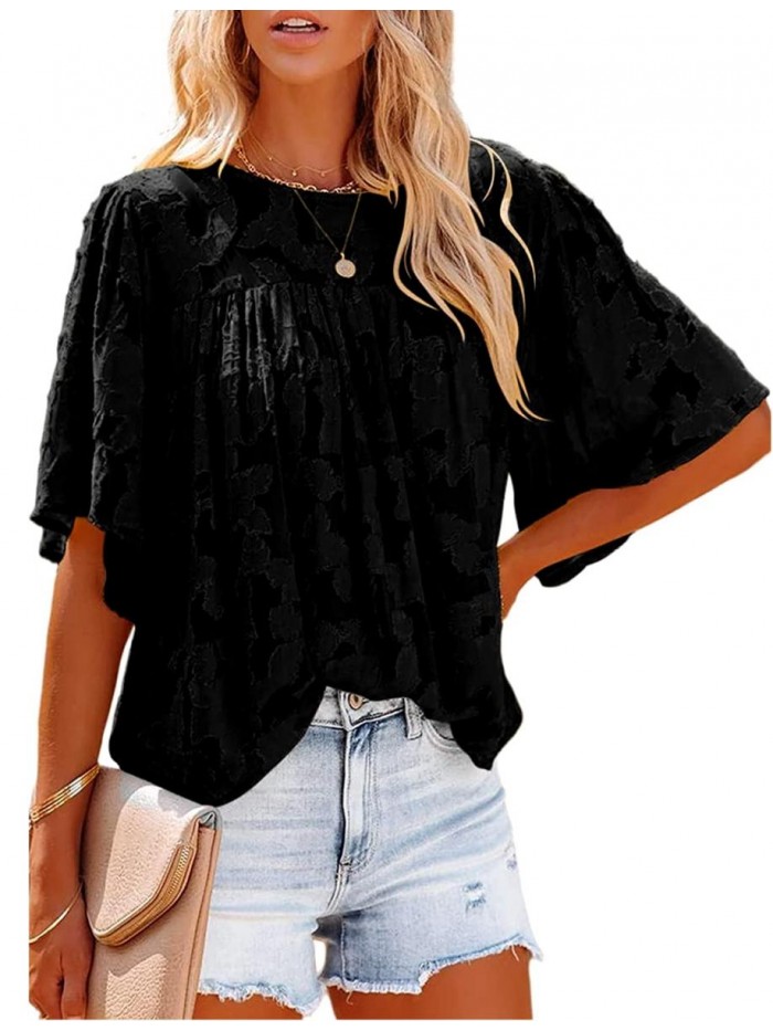 Women's Summer 3/4 Bell Sleeve Tee T Shirts Chiffon Blouses Floral Babydoll Lace Tunic Tops 