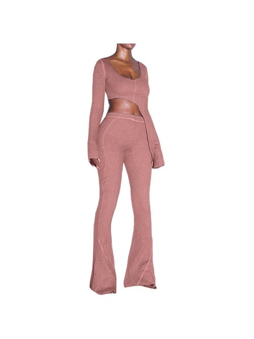 Women's Ribbed Asymmetric Crop Top Flare Pants Set...