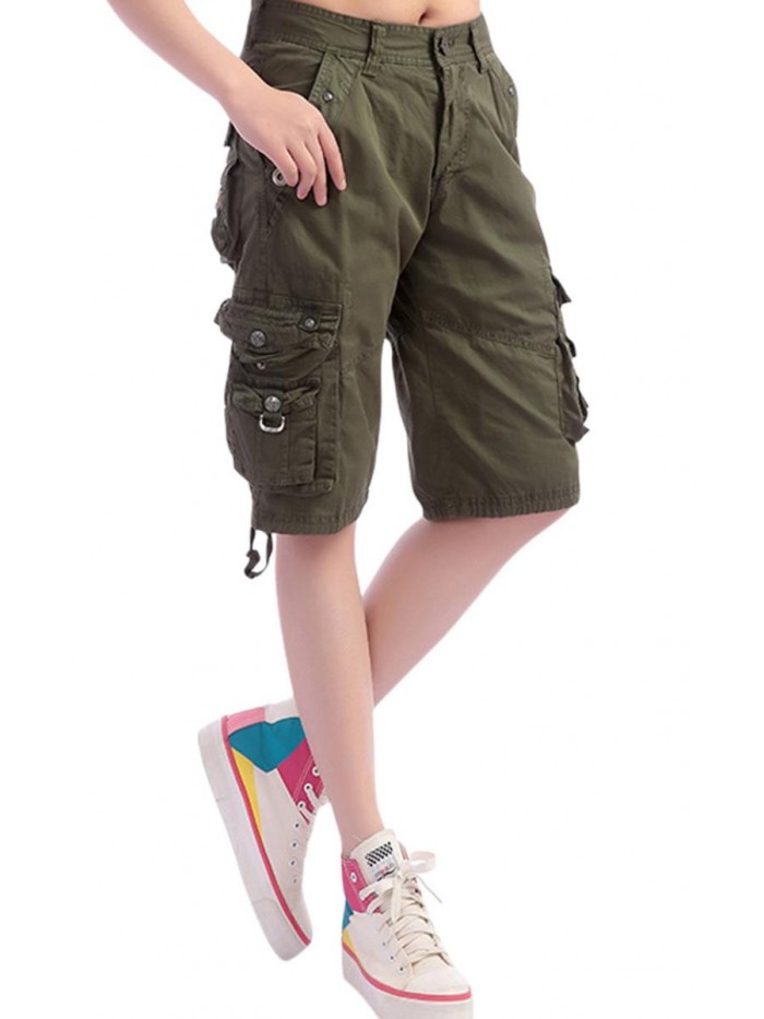 Women's Casual Loose Fit Multi-Pockets Twill Bermuda Cargo Shorts 