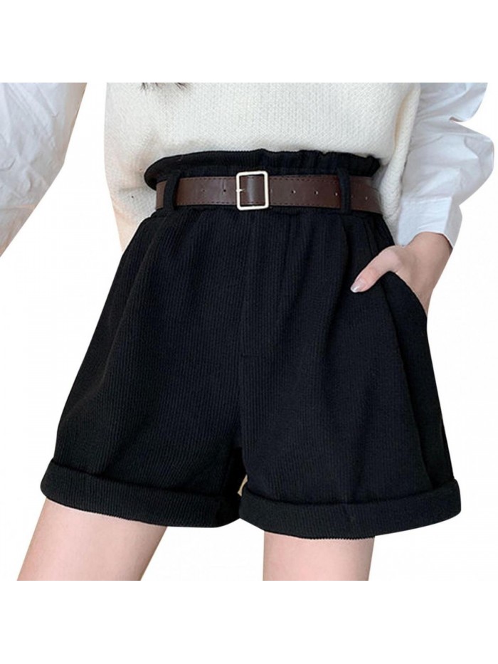 Belted Corduroy Shorts Casual Straight Leg High Waist Cuffed Hem Corduroy Shorts with Pockets 