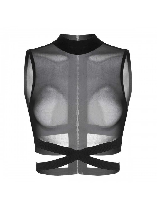 Women's Sheer Mesh Criss Cross Bustier Crop Tops S...