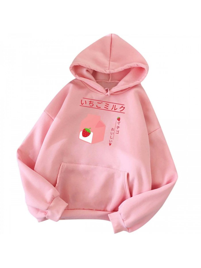 Sweatshirts for Women Teen Girls Cute Strawberry Milk Graphic Hoodies with Pockets Drawstring Pullover Tops 