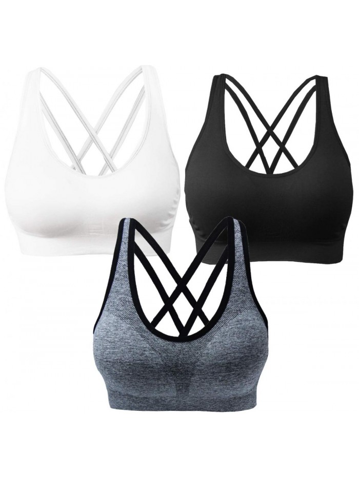 3 Pack Women's Medium Support Cross Back Wirefree Removable Cups Yoga Sport Bra 