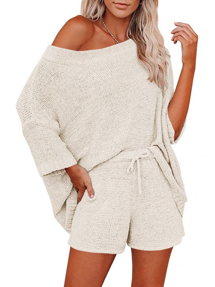 Women's 2 Piece Outfits Sweater Set Off Shoulder Knit Top + Drawstring Waist Short Suits Casual Cute Sets 