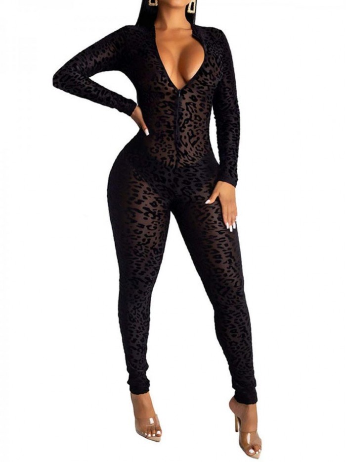Clau Women See Through Bodycon Jumpsuit - One Piece Deep V Neck Outfits Sheer Mesh Leopard Clubwear Jumpsuit Rompers 