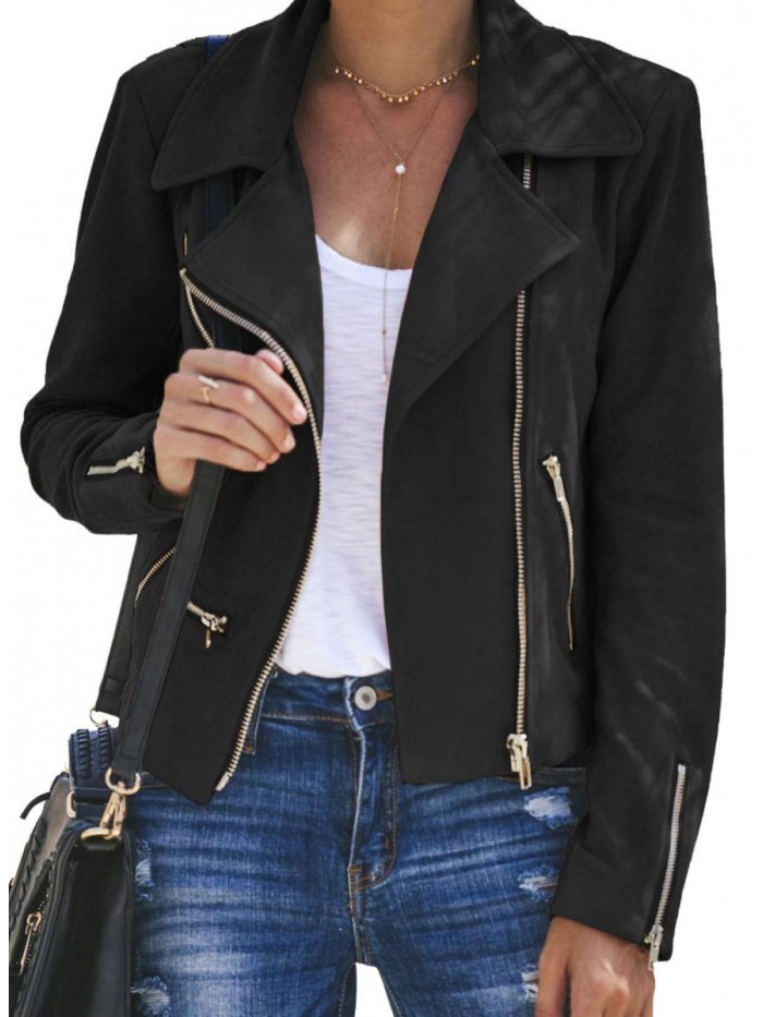 Women's Faux Suede Moto Biker Short Coat Jacket 