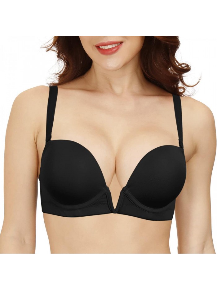 Deep V Plunge Push Up Underwire Bra Low Cut Adjustable Convertible Padded Bras for Women with Clear Strap 