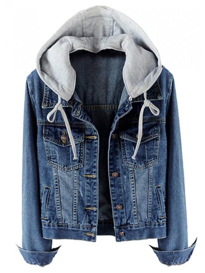 Women's Casual Detachable Hoodie Denim Jacket 