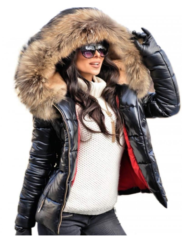 Aofur Womens Ladies Quilted Winter Coat Fur Collar Hooded Down Jacket Parka Outerwear